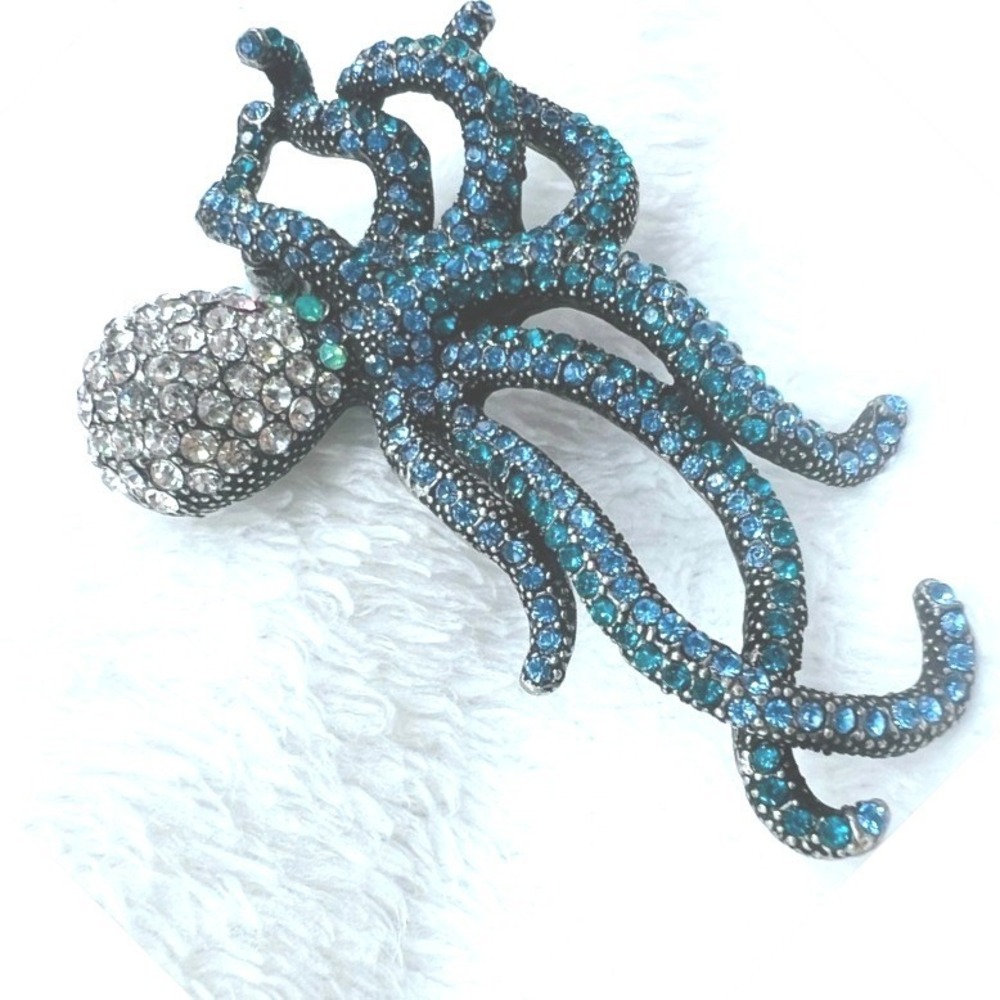 Blue Clear Rhinestone Octopus Brooch Japanned Nautical‎ Sea Life Whimsical 3X2" - Picture 2 of 6